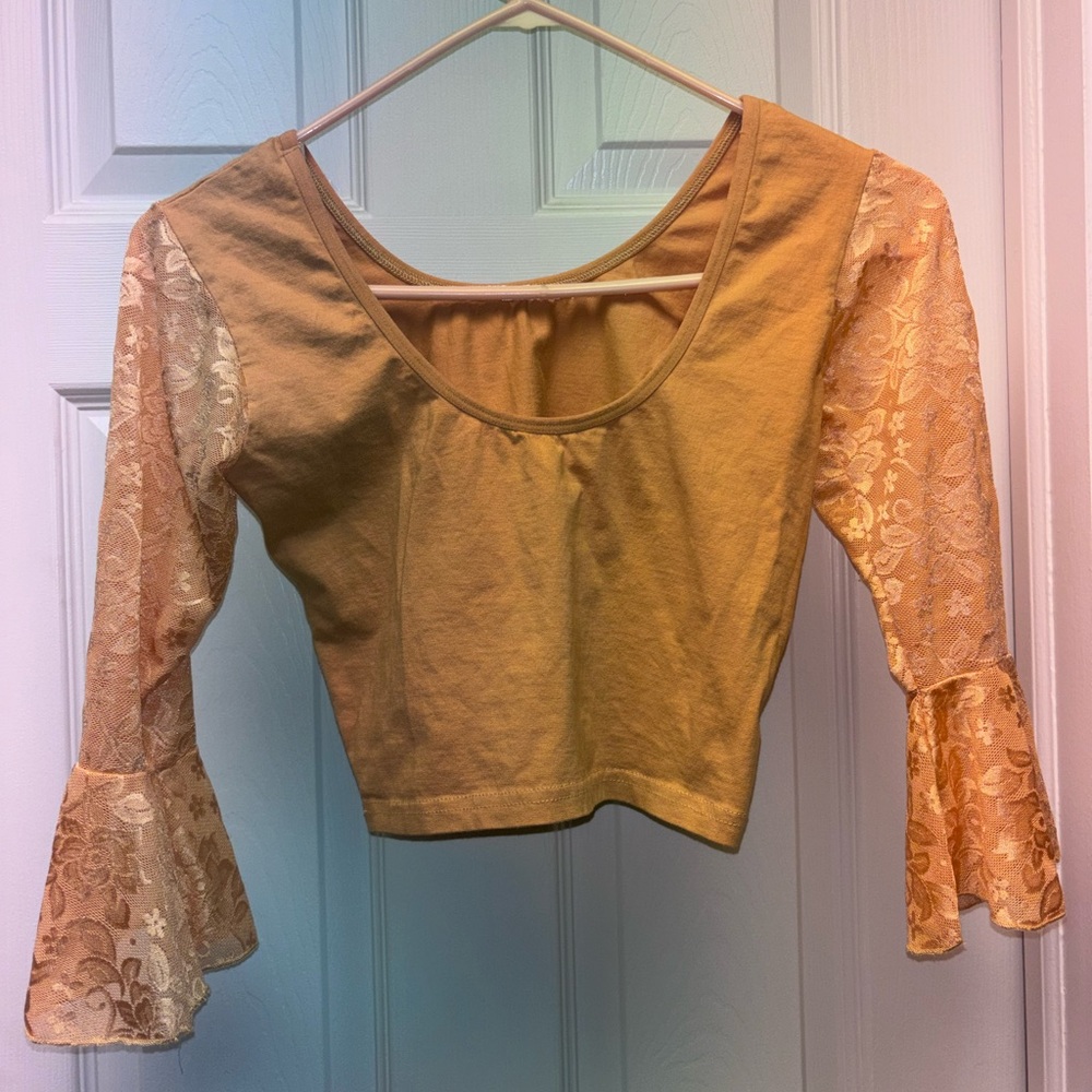 Mustard Lace Bell Sleeve Cropped Top – Boho Fairycore Festival Style - Picture 8 of 8